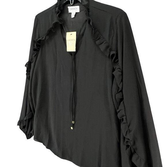 Carmen Marc Valvo Top Womens S Black Chiffon Ruffle Lightweight Coquette Blouse - Picture 2 of 16